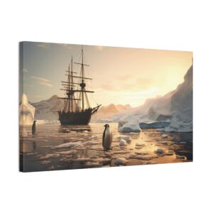Penguins And A Sailing Ship (Stretched Canvas, 0.75")